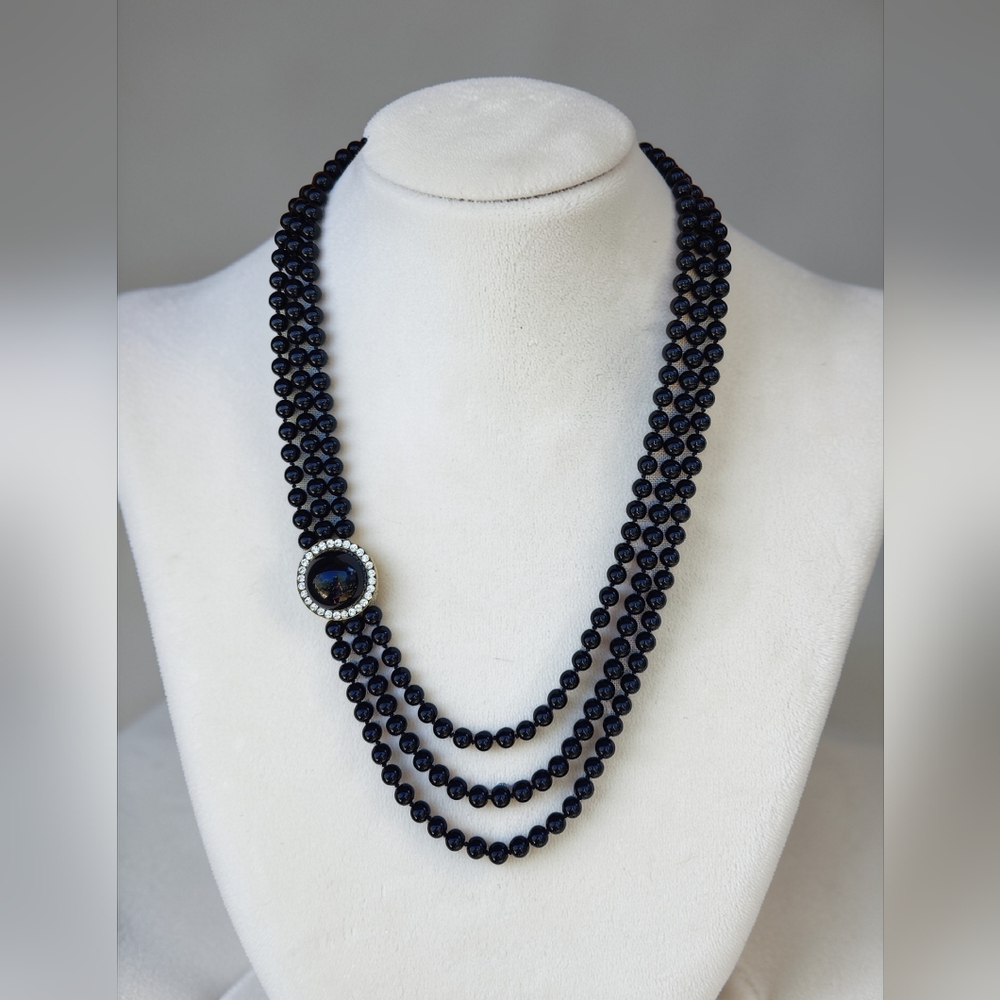 Vintage Triple Strand Black Onyx Necklace With Decorative Slide Bead
